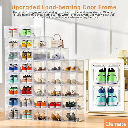 Clemate Upgraded X-Large Shoe Organizer,Shoe Storage Organizer,12 Pack,Shoe Box Clear Plastic Stackable,Drop Front Shoe Box with Clear Door, Shoe Containers For Sneaker Display,Fit up to US Size12