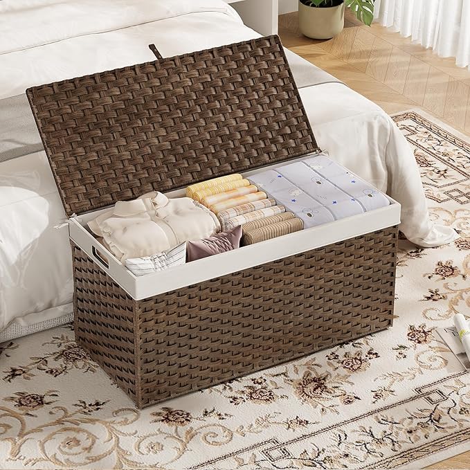 HOOBRO Storage Basket with Lid, 52.8 Gallon (200L) Wicker Basket, Handwoven Blanket Storage Basket with Handles, Metal Frame and Soft Lining, Foldable for Bedroom, Laundry Room, Brown BR220CW01