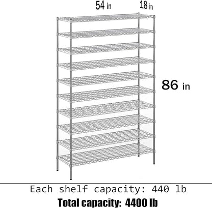 18" Deep x 54" Wide x 86" Height Wire Shelving Kit | 10-Tier | NSF Commercial Storage Rack Unit