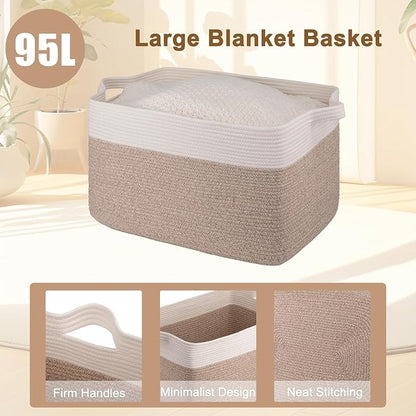OIAHOMY Extra Large Blanket Basket, 95L Cotton Rope Woven Laundry Basket, Toy Bin for Baby Room, Container for Blanket Storage in Living Room, 24''×17''×14'', Brown & White