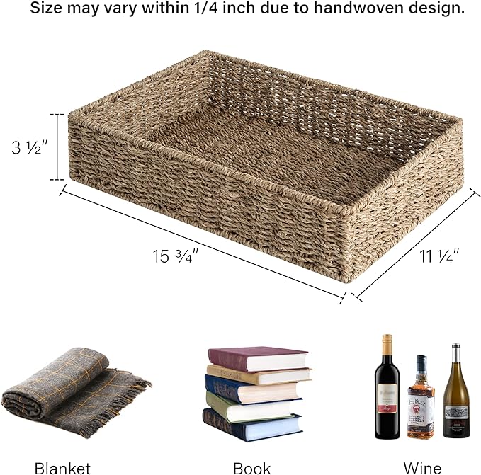 StorageWorks Large Seagrass Tray for Bathroom, Seagrass Storage Baskets for Shelves, Handwoven Natural Wicker Baskets for Organizing, 2-Pack