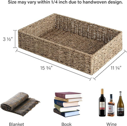 StorageWorks Large Seagrass Tray for Bathroom, Seagrass Storage Baskets for Shelves, Handwoven Natural Wicker Baskets for Organizing, 2-Pack