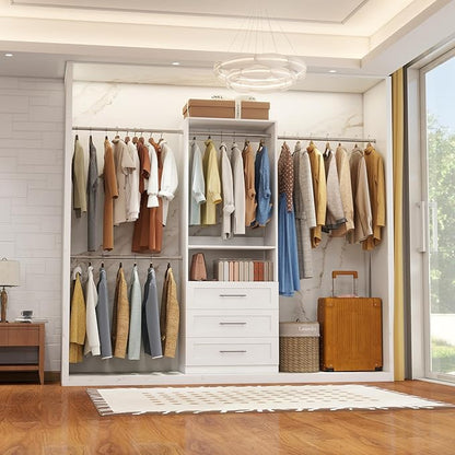 Closet System, 4FT-9FT Closet Organizer System with 3 Wooden Drawers Walk-in Closet Storage System with 5 Expandable Hanging Rods Wall Mount White