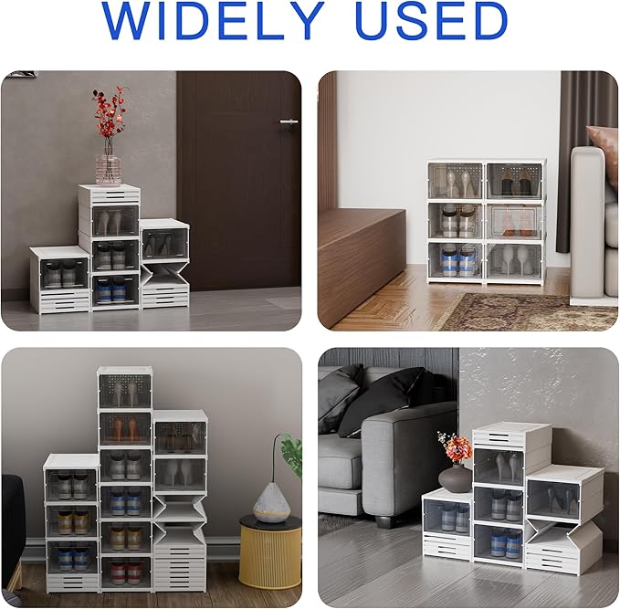 YIIHAA 6 Tier Shoe Rack Shoe Storage Box Size up to 14, No Assembly Stackable with Clear Door, Free Standing Shoe Shelf Cabinet with Lid, Plastic Shoe Rack (Whtie)