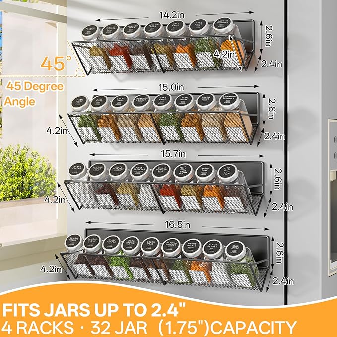 DTUQYX Magnetic Spice Rack for Refrigerator 4 Pack, Extra Long Strong Magnetic Fridge Shelves(14-16.5 inch), Space Saving Spice Organizer 45° Tilt, No Drilling Home Kitchen Laundry Storage Shelves