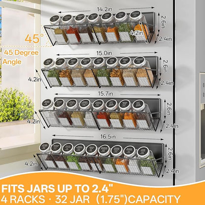 DTUQYX Magnetic Spice Rack for Refrigerator 4 Pack, Extra Long Strong Magnetic Fridge Shelves(14-16.5 inch), Space Saving Spice Organizer 45° Tilt, No Drilling Home Kitchen Laundry Storage Shelves