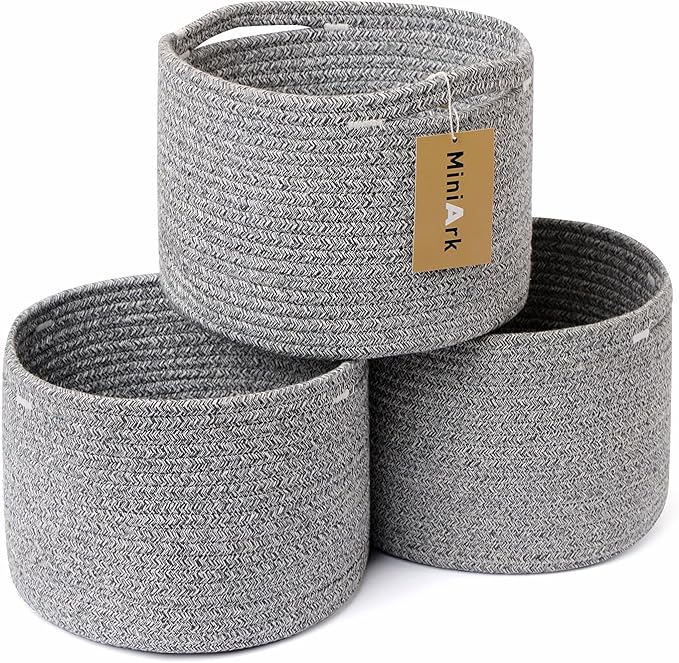 MiniArk Small Basket for Organizing | Cube Shelf Closet Storage Baskets | 9.7×9.7×7.1” | Woven Rope Gift Basket | Nursery | Round 3 Packs Mixed Grey