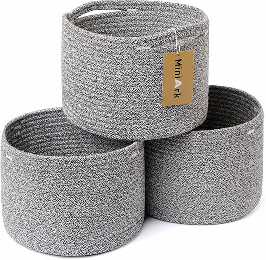 MiniArk Small Basket for Organizing | Cube Shelf Closet Storage Baskets | 9.7×9.7×7.1” | Woven Rope Gift Basket | Nursery | Round 3 Packs Mixed Grey