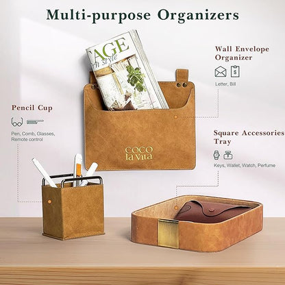 Luxury PU Leather Tray, Stylish and Durable Catch-All Organizer for Desk, Vanity, Nightstand, and Kitchen. Decorative, Non-Slip, Perfect for Jewelry Watch Keys Wallet Coins Cell Phones