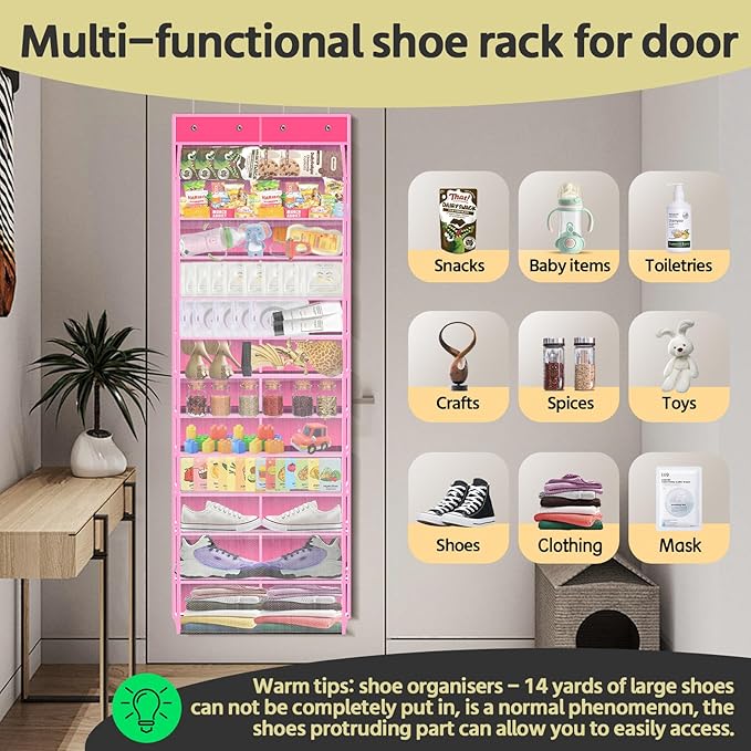 PAULONE 12 Pocket Over the Door Shoe Organizer,Reusable Breathable Large Mesh Bag Men's & Women's Sneaker Organizer,Shoe Organizer for Kids,Hanging Shoe Storage Hanging Bag (Pink)
