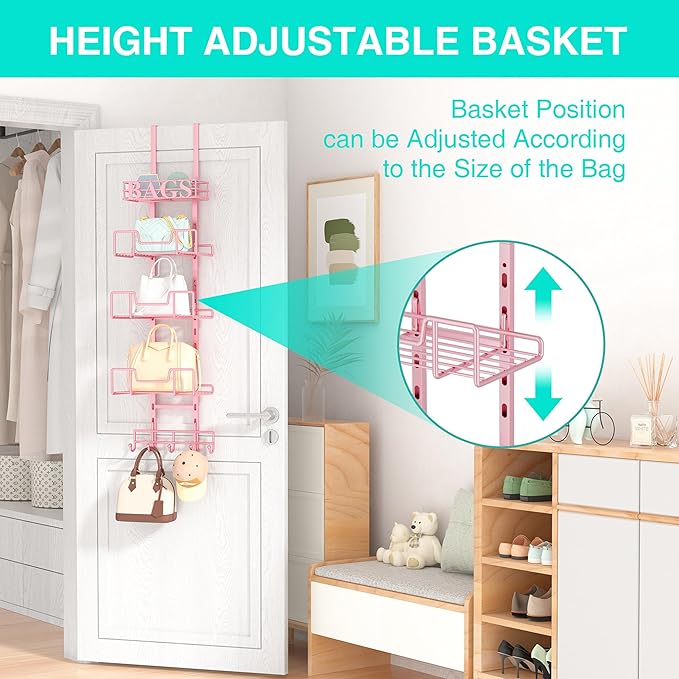 HapiRm Over Door Purse Organizer - Adjustable Purse Storage Rack with Bags Design Metal Basket, Wall Mounted Handbag Organizer, Hanging Handbag Holder, Can Use As 1/2 Part Detachable
