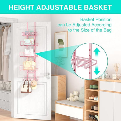 HapiRm Over Door Purse Organizer - Adjustable Purse Storage Rack with Bags Design Metal Basket, Wall Mounted Handbag Organizer, Hanging Handbag Holder, Can Use As 1/2 Part Detachable
