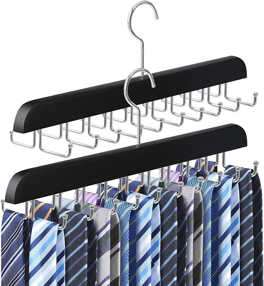 2 Pack Tie Rack Belt Hanger for Closet Upgraded Non Slip Tie Hanger Space Saving with 20 Foldable Hooks Wooden Belt Tie Organizer for Tank Tops Bras Cami Scarves