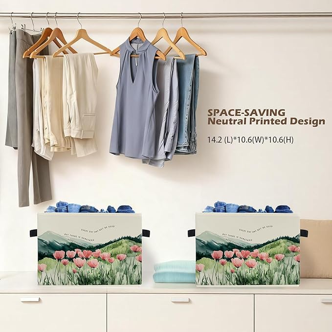 Inspirational Mountain Wildflower Storage Box Bins, Motivational Quote Floral Mountain Collapsible Storage Basket Organizer for Bedroom Laundry Room Home Clothes Books, Decor for Room