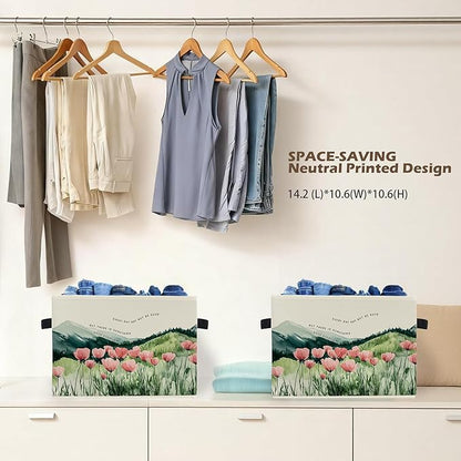 Inspirational Mountain Wildflower Storage Box Bins, Motivational Quote Floral Mountain Collapsible Storage Basket Organizer for Bedroom Laundry Room Home Clothes Books, Decor for Room