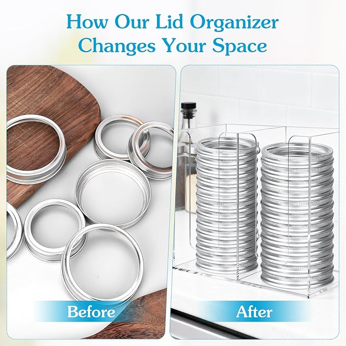 Acrylic Mason Jar Lid Organizer (Wide Mouth & Regular Mouth) 2 Compartment Cup Dispenser Organizer Ball Jar Wooden Storage Accessories for Kitchen Coffee Tumbler Lids, Fit Mason/Canning/Bamboo Lids