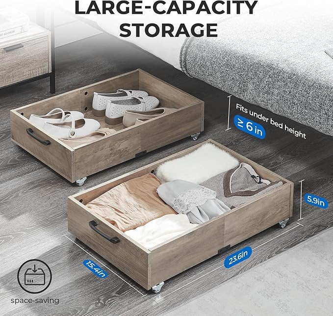 TIOPGHAD Under Bed Storage with Wheels, 2-Pack Under Bed Shoe Storage Organizer Drawer, Composite Wood Particleboard Organizer for Shoes Clothes Containers in Bedroom for Clothes,Shoes(Brownish-Gray)