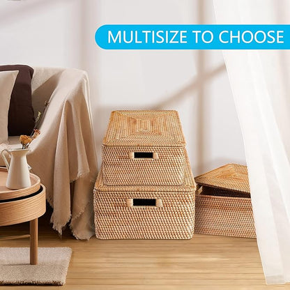 Rattan Basket With Lid, Large Lidded Basket For Storage(17.32" L×13.39"W×11.81"H)