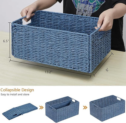 Vagusicc Wicker Storage Basket, Set of 2 Hand-Woven Paper Rope Wicker Basket, Small Storage Baskets for Organizing Toilet Paper, Foldable Large Cube Storage Organizer Bins for Shelves (Blue)