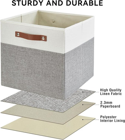 Bagnizer Collapsible Fabric Storage Cube Bins with 2 Reinforced PU Handles, Foldable Storage Organizer Baskets for Closet, Shelves, Living Room | 11"x11"x11", 4 Pack, Gray & White