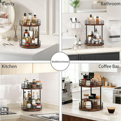 2-Tier Rotating Bathroom Countertop Organizer, Wooden Makeup Vanity Storage, Multifunctional Lazy Susan Turntable for Skincare, Perfume and Cosmetics (Brown)