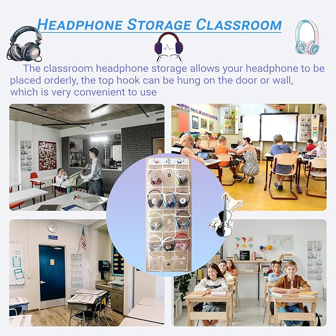 Headphone Storage Classroom, Over The Door Hanging Headphone Holder for Classroom with 15 PVC Clear Pocket Chart, Cell Phones Calculators Organizer