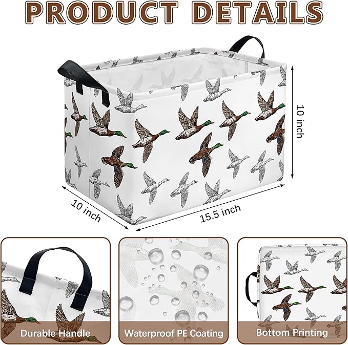 Mallard Duck Storage Basket, Collapsible Waterproof Canvas Organizer Bin, Funny Rectangular Kids Toys Storage Box Cute Mallard Duck Decor, Shelf Baskets for Closet Bedroom Office Dorm (Brown)