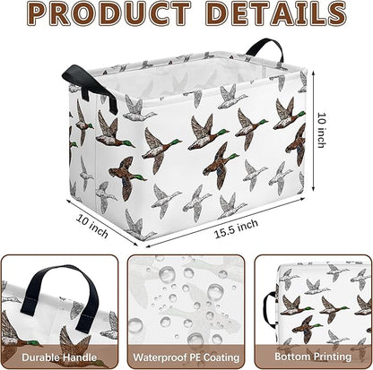 Mallard Duck Storage Basket, Collapsible Waterproof Canvas Organizer Bin, Funny Rectangular Kids Toys Storage Box Cute Mallard Duck Decor, Shelf Baskets for Closet Bedroom Office Dorm (Brown)