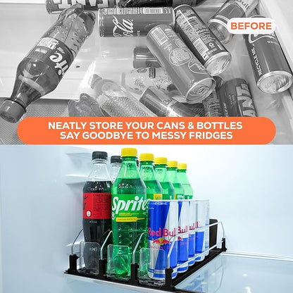 Drink Fridge Organizer, Upgraded Design of Soda Organizer for Refrigerator with Larger Stopper Height. Width Adjustable Automatic Drink Dispenser with Lock Hold 15 Cans (3 Rows, Black)