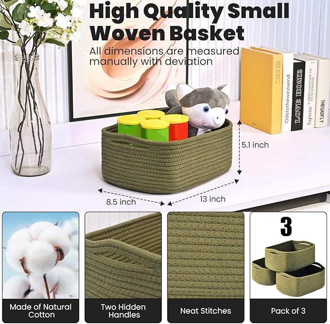 ICERZCZ Small Green Storage Baskets for Organizing Shelves, Cute Woven Baskets for Storage, Organizer Basket for Decor, Gift Basket, 13"×8.5"×5.1" (3 Packs) Green