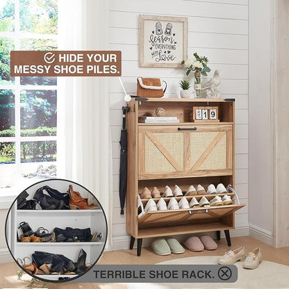 Barnyatoh Shoe Storage Cabinet, Boho Rattan Shoe Organizer with 2 Flip Drawers,Farmhouse Freestanding Hidden Slim Narrow Shoe Rack Cabinet with Open Shelves for Entryway, Foyer,Hallway, Natural