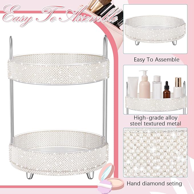 Honeydak 360 Rotating Perfume Organizer for Mother Day Nurse Day Rhinestone Bathroom Counter Organizer Makeup Holder Skincare and Perfume Storage for Cosmetic Countertop(2 Tiers,Pearl,White)