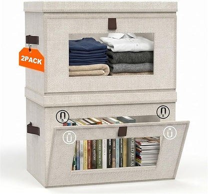 35L Large Closet Organizers and Storage Bins 2-Pack, Collapsible Fabric Storage Boxes with Lids and Handles, Front Opening Wardrobe Container with Clear Window for Clothes, Blankets, Living Room, Dorm