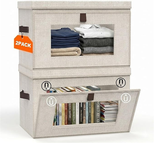 35L Large Closet Organizers and Storage Bins 2-Pack, Collapsible Fabric Storage Boxes with Lids and Handles, Front Opening Wardrobe Container with Clear Window for Clothes, Blankets, Living Room, Dorm