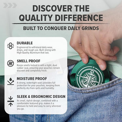 Premium Zyn Metal Can - Waterproof, Moisture & Odor Proof - Metal Zyn Container - Dip Can, Zyn Tin, Zyn Holder with Knurled Edges, Aluminum Zyn Can & Organizer (Mariner Forest Green)