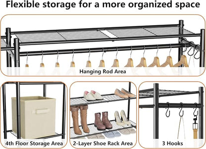 Wardrobe Closet,Portable Clothes Rack with 4 Tiers Shelves,Freestanding Closet Organizers and Storage System with Hanging Rods,Steel Clothing Rack Suitable for Cloakrooms,Bedrooms,Entrances,etc.Black