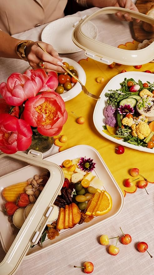 Crudités | Portable Snack Tray | Rectangle 2-Pack | Cream White | Reversible Stretch Lid Food Containers | BPA-Free, Freezer & Dishwasher Safe | Meal-Prep, Charcuterie, Salads, Picnic, Travel