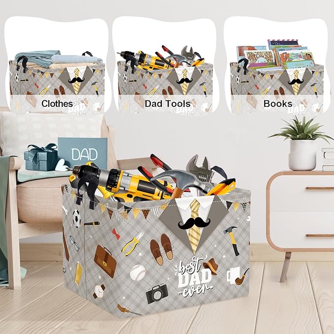 Clastyle Father’s Day Laundry Hamper Storage Basket Dad Gift Box Collapsible Large Clothes Organizer Bin for Bedroom, Grey, 40*30*30 cm