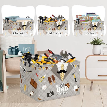 Clastyle Father’s Day Laundry Hamper Storage Basket Dad Gift Box Collapsible Large Clothes Organizer Bin for Bedroom, Grey, 40*30*30 cm