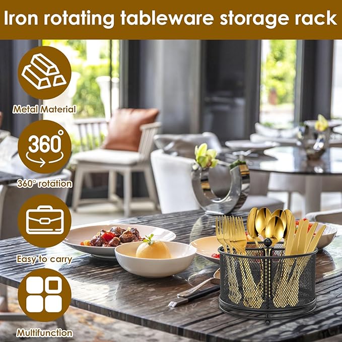US 360°Rotating Utensil Caddy Kitchen Utensil Holder 6.7×6.7×5.1 Inch Metal Utensil Organizer 4-Compartment Metal Utensil Caddy Rotatable Cutlery Holder Multifunctional Flatware Organizer for Home