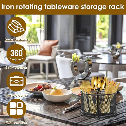 US 360°Rotating Utensil Caddy Kitchen Utensil Holder 6.7×6.7×5.1 Inch Metal Utensil Organizer 4-Compartment Metal Utensil Caddy Rotatable Cutlery Holder Multifunctional Flatware Organizer for Home