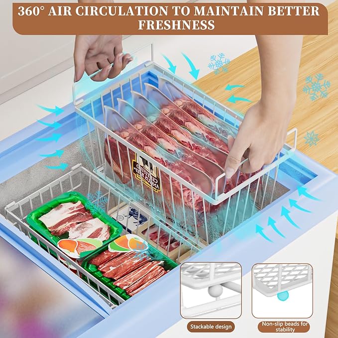 Enhanced Leak-Proof Bottom - Freezer Organizer Bins ，4 Pack Stackable Deep Freezer Organizer Bins for 7 Cu.FT Small Chest Freezer，organization and storage，pantry organizers（white）