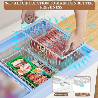 Enhanced Leak-Proof Bottom - Freezer Organizer Bins ，4 Pack Stackable Deep Freezer Organizer Bins for 7 Cu.FT Small Chest Freezer，organization and storage，pantry organizers（white）