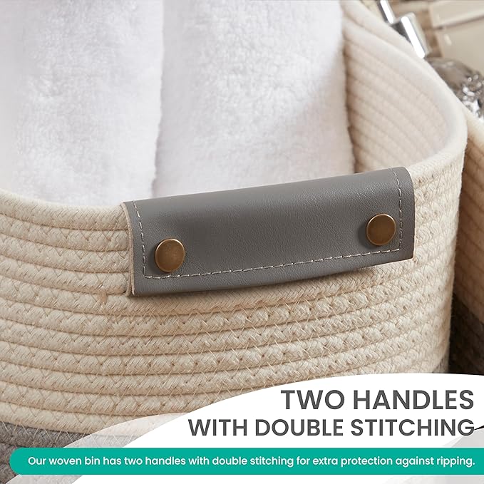 3 Pack Cotton Rope Storage Basket Woven Shelf Storage Bin with Faux Leather Handles, Decorative Closet Shelf Woven Basket for Storage Organizers, 15 x 10 x 9, White/Gray