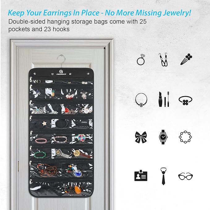 Freegrace Hanging Jewelry Organizer with Secure Zipper Closure - 360° Revolving Hanger, 25 Clear Pockets, 23 Necklace Hooks - Foldable Travel Storage & Closet Display (Black)