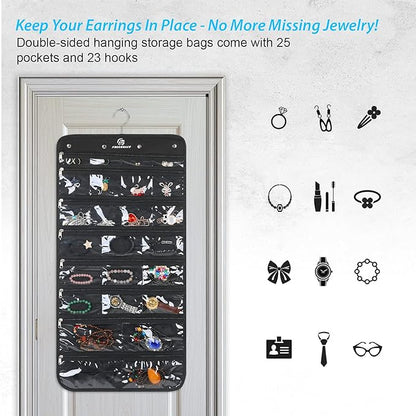 Freegrace Hanging Jewelry Organizer with Secure Zipper Closure - 360° Revolving Hanger, 25 Clear Pockets, 23 Necklace Hooks - Foldable Travel Storage & Closet Display (Black)