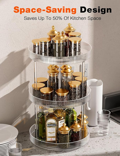 3-Tier Lazy Susan Bathroom Countertop Organizer, 360° Clear Rotating Storage Tray, Cosmetics and Perfume Organizer, Spinning Storage Tray Vanity Organizer Shelf for Bathroom Cabinet, Kitchen(Medium)