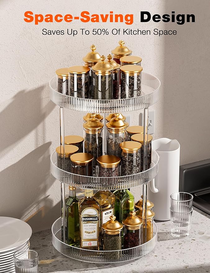 3 Tier Lazy Susan Bathroom Countertop Organizer, 360° Clear Rotating Makeup Cosmetic Perfume Storage Tray, Spinning Vanity Organizer Shelf for Bathroom Cabinet, Dresser, Kitchen(Large)