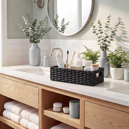 StorageWorks Small Wicker Toilet Basket Tank Topper with Built-in Handles, Toilet Paper Baskets for Back of Tank, Paper Rope Bathroom Basket Organizer and Storage for Rustic Bathroom Decor, Black