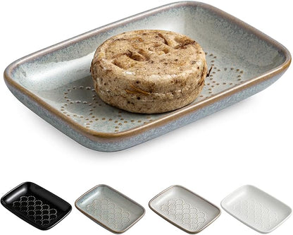 Gomakren Ceramic Soap Dish with Raised Scalloped Design, Versatile Soap Holder & Tray for Bathroom and Kitchen Sink, Prevents Soggy Soap, Rustic Modern Decor, Easy to Clean, Gray (5.59" x 4.02")